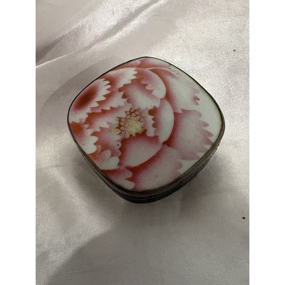 Vintage Porcelain Pottery Shard Trinket Box Pink White Flower Silver colored box